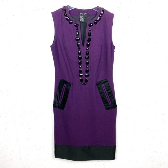 Etcetera Beaded Neckline Sleeveless Wool Sheath Pockets Black Purple Size 2 - Picture 1 of 11